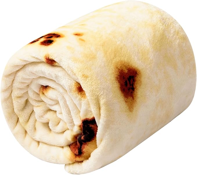 Vessia Burritos Tortilla Blanket Throw Size(Beige,71 inches), Giant Realistic Funny Food Throw for Adults and Kids, 300 GSM Double Sided Soft Novelty Round Taco Blanket