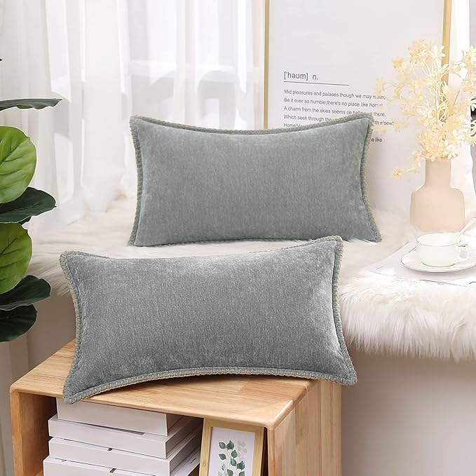 decorUhome Chenille Soft Cozy Throw Pillow Covers 12x20 Set of 2, Modern Farmhouse Boho Velvet Decorative Pillow Cases with Stitched Edge for Couch Sofa Bed Home Decor, Neutral Gray