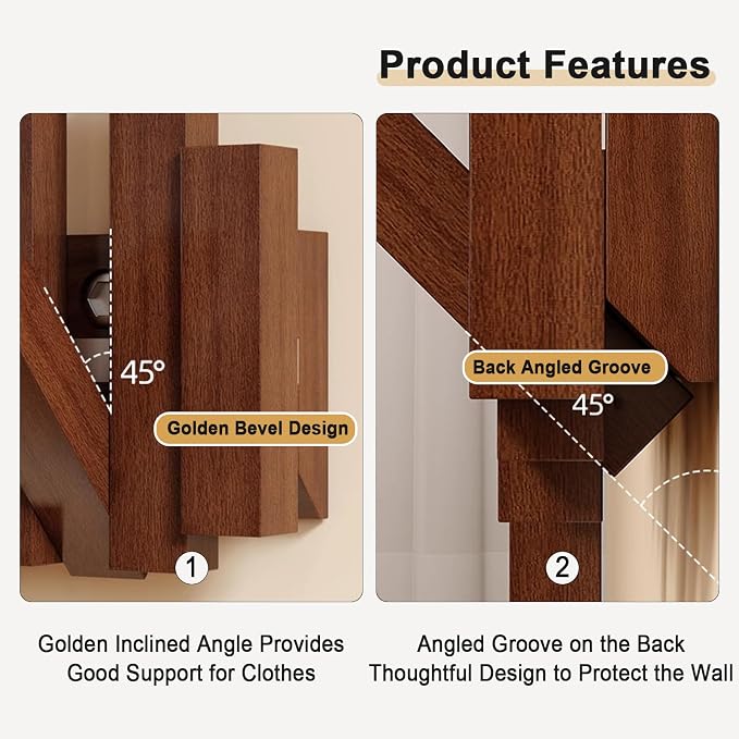 Modern Wooden Coat Rack, key holder wall mount– Handmade Solid Walnut Flip Hook Rack with Hidden Mount, Decorative Entryway Wall Hooks for Coats, Bags & Hats, Space-Saving Design (Brown,8Hooks)