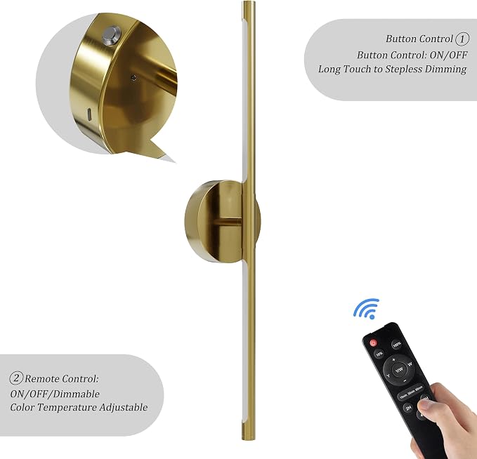 32 Inch Battery Operated Wall Sconce Set of 2, 8000mAh Wireless Rechargeable Wall Lights with Remote, 350° Rotate Dimmable 3000K-6000K LED Wall Lamps with Timer for Living Room, Bedroom, Gold