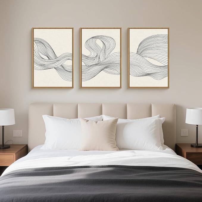 HPNIUB Large Neutral Abstract Framed Canvas Wall Art,Modern Beige Minimalist Wall Decor,Black Line Wave Art Prints,Boho Textured Geometric Artwork for Living Room, Bedroom, Office -24"x36"x3