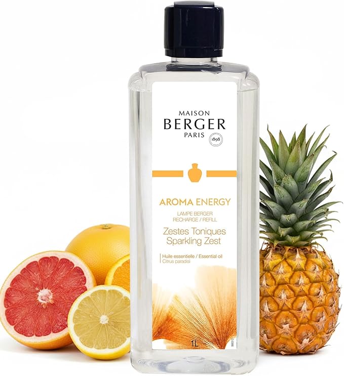 Maison Berger Sparkling Zest Lampe Berger Refill, 1 Liter (33.8 fl oz), 2-in-1 Catalytic System, Neutralizes Odors and Diffuses Fragrance, Lemon, Orange, Grapefruit, Made in France