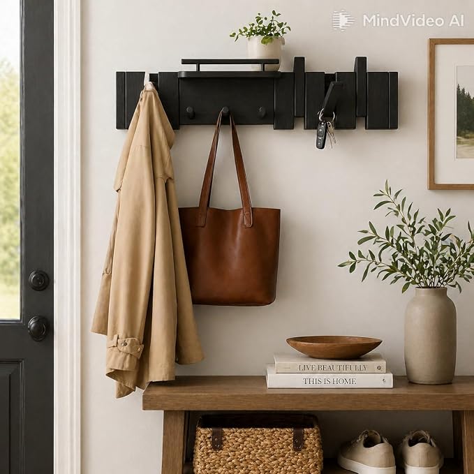 Mid Century Modern Walnut Foldable Entryway Wall Coat Hanger Hook with Shelf,Heavy Duty Wooden Piano Hidden Towel Hooks for Bathroom,Wall Rack for Purse&Key&Mail,Home Decor (Black, 7 Hooks)