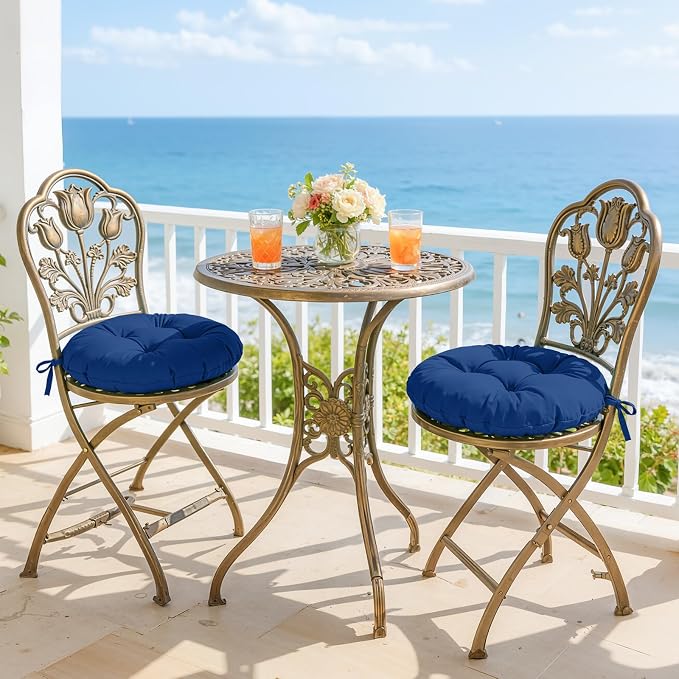 idee-home Outdoor Bistro Chair Cushions Set of 4, Round Seat Cushions | 18”x18”x 6” Thick Outdoor Round Seat Pads Tufted with Ties, Waterproof Patio Furniture Pads for Garden