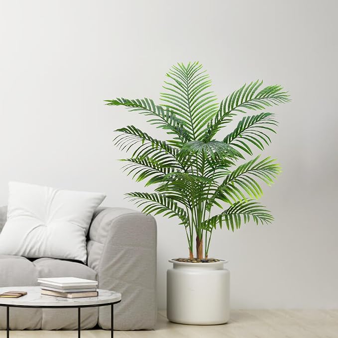 Artificial Palm Tree Indoor Plant 5FT Tall Fake Tropical Palm Tree in Pot, Real Bark Design Faux Areca Palm Tree for Home Office Living Room Bedroom Farmhouse Modern Outdoor Topiary Tree