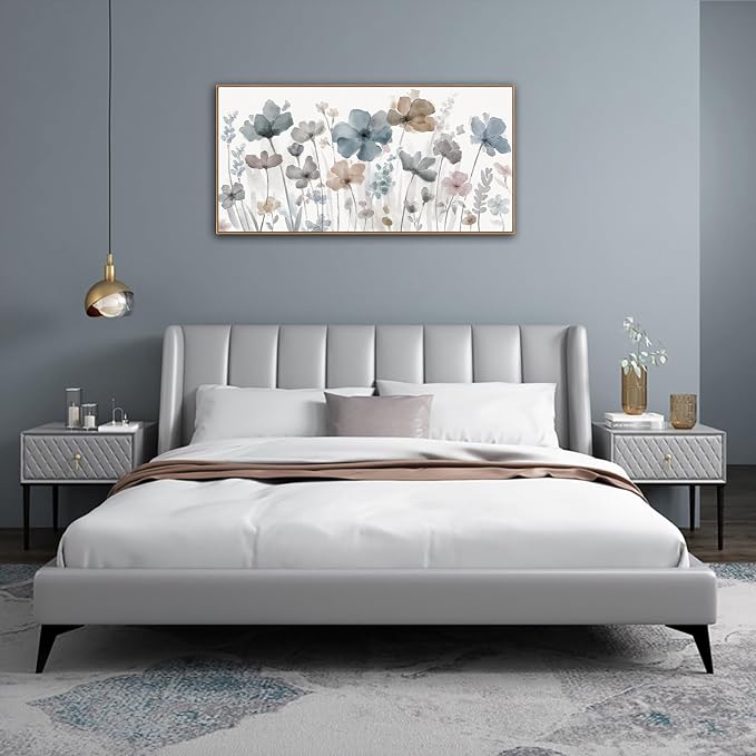 yearainn Framed Elegant Watercolor Floral Wall Art – Blue and Taupe Botanical Flowers Picture, Soft Abstract Floral Painting Artwork for Home Wall Decor, Ready to Hang, Natural Wood Frame, 24" x 48"