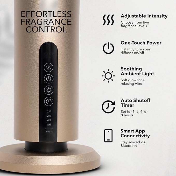 Breeze Waterless Diffuser, Cordless & Rechargeable Fragrance Oil Diffuser with Cabana & White Tea Oils Included, 1200 Sq Ft Coverage, Bluetooth & App Control, Cold Air Diffuser, Gold