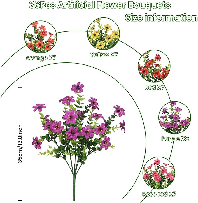 SHareconn 36 Bundles Artificial Flowers for Outdoors Spring Decoration, Fake Silk Realistic Faux Plants UV Resistant for Outside Planter Porch Patio Summer Indoor Decor, RedRose PurpleYellowOrange