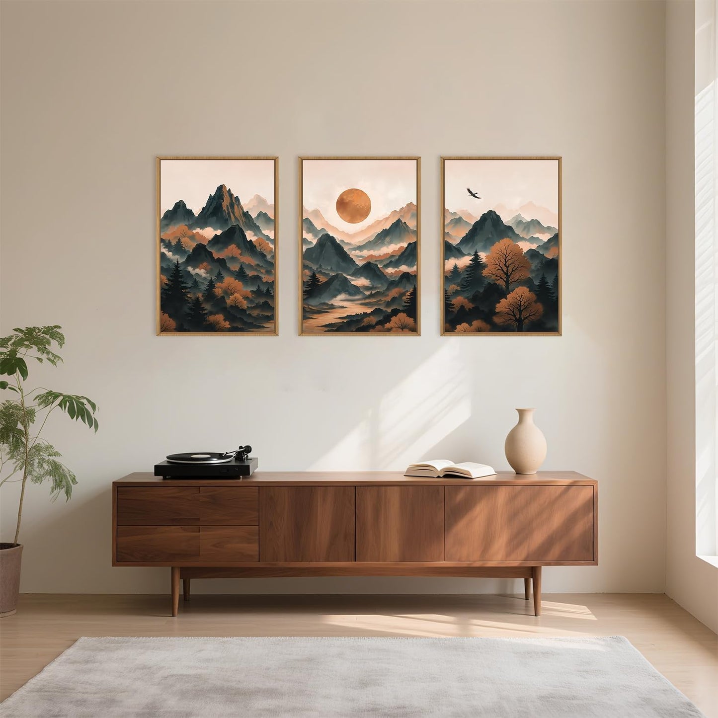 Celestdeco Large Boho Mountain Framed Canvas Wall Art Set, Brown Ridge Landscape Wall Decor, Pine Tree Scenery Wall Painting, Abstract Wilderness Art Print for Living Room, Bedroom, Office - 24"X36"X3