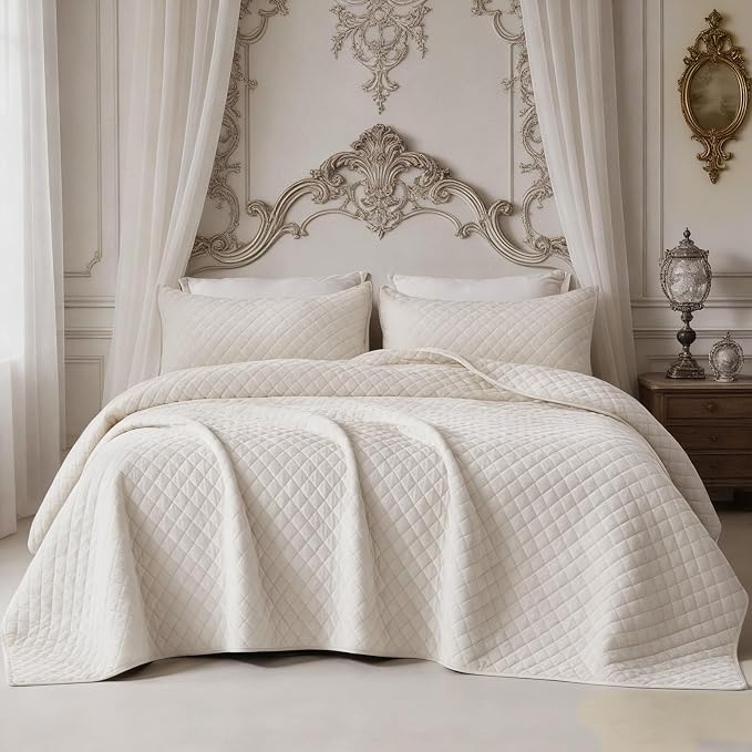Velvet Oversized King Quilt Size Set 120x120 Luxury Ultra Soft Bedspread Coverlet 3-Piece King Comforter Sets with 2 Pillow Shams 20x36 Cozy All Seasons Velvet Bedding Set, Cream White