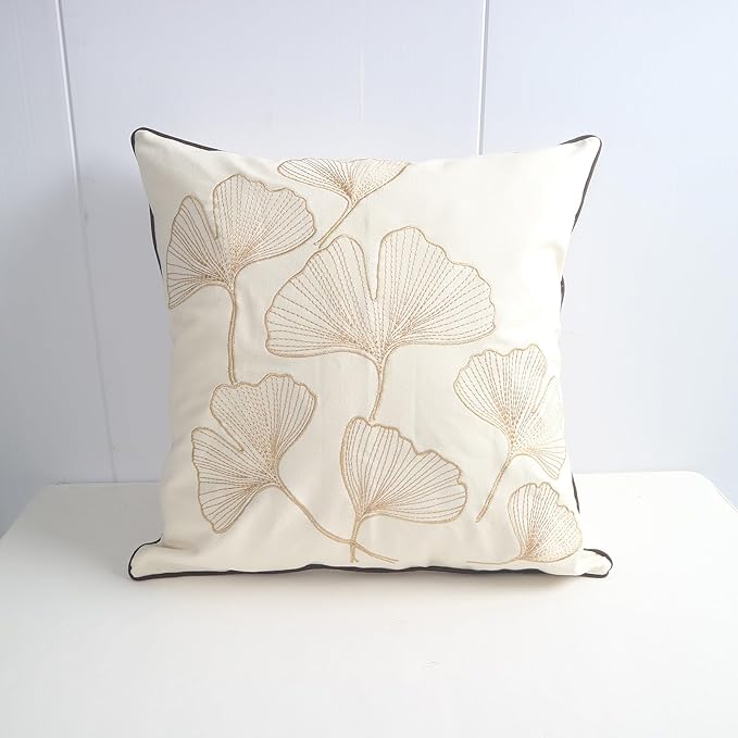 Embroidery Throw Pillow Covers 18x18 Fine Thread Golden Ginkgo Leaves Home Decor Floor Pillow Cover for Couch 100% Cotton Cushion Cover Embroidered Throw Pillow Case 45x45cm, 2 Pieces