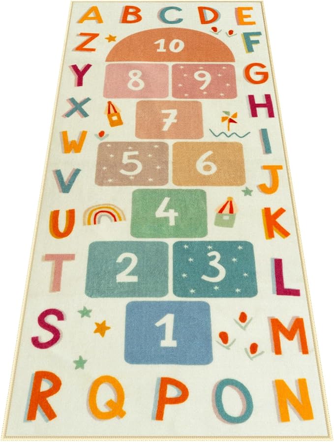 STARUIA Washable Hopscotch Rug for Indoor Playroom, Colorful Educational Kids Rug with ABC Number, Non Slip Boy Girl Play Carpet for Kids Room Bedroom Nursery Daycare Classroom（Beige, 31.5''x72''）
