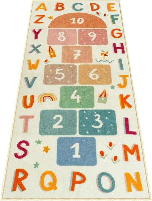 STARUIA Washable Hopscotch Rug for Indoor Playroom, Colorful Educational Kids Rug with ABC Number, Non Slip Boy Girl Play Carpet for Kids Room Bedroom Nursery Daycare Classroom（Beige, 31.5''x72''）