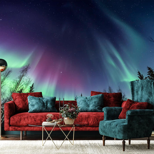Wall Mural Multicolored Aurora Borealis Forest Night Wallpaper for Bedroom Living Room (Not Peel n' Stick)