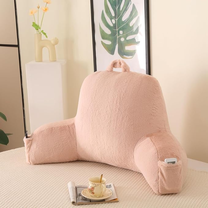 Soft Reading Pillow for Bed with Arms,Middle,Light Pink,Faux Fur | 17" Backrest with Arms for Gaming & Lounging,Oeko-TEX Certified Plush Back Pillow for Teens Room