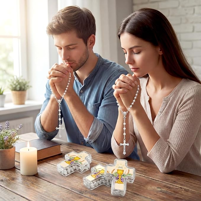 Cunno 24 Set First Holy Communion Bead Rosary Cross Necklace for Baptism First Communion Gifts Scented with Cross Shape Box for Guest Catholic Religious Rosary Baptism Party Primera Comunión (White)