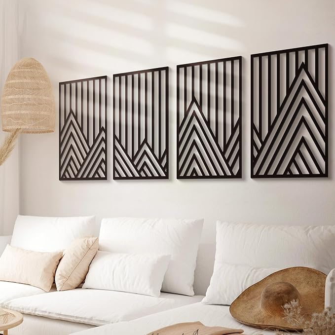 Glamativity 4 Pack Black Abstract Metal Wall Art, Minimalist Décor Single Line Art Wall Décor, 3D Textured Metal Wall Sculptures, for Living Room Bedroom Bathroom Study Room (Mountain Line, M Size 17 x 12'')