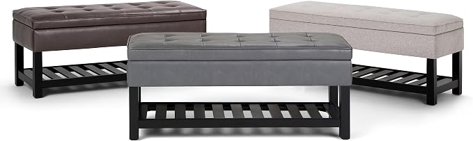 SIMPLIHOME Cosmopolitan Storage Ottoman Bench - 44 inch Wide Upholstered Linen Look Fabric Rectangle Storage Ottoman in Cloud Grey, Transitional Bench for Bedroom with Tufted Lift-Top and Open Shelf