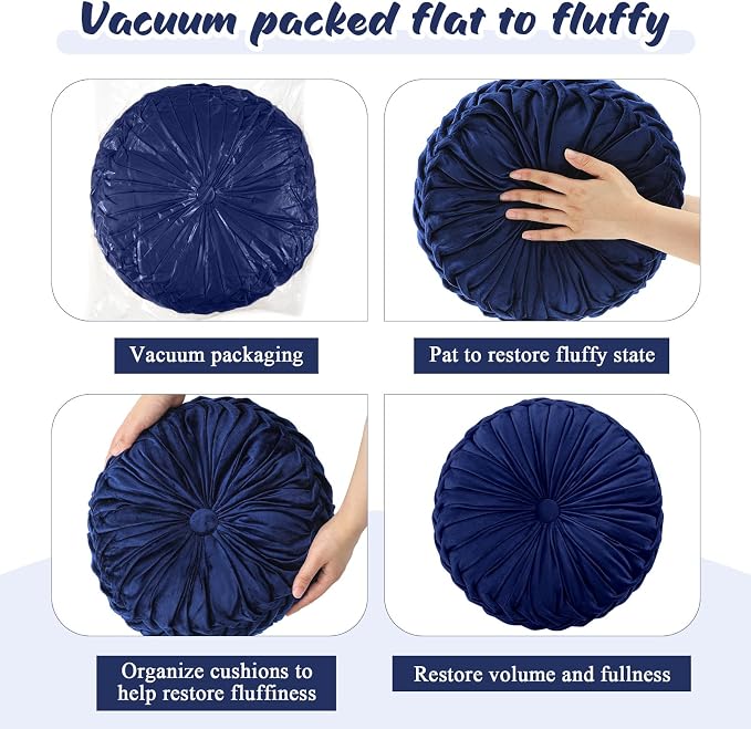 Drydiet 1 Pcs Round Throw Velvet Pillows Decorative Pleated Throw Pillows Diameter Accent Pumpkin Boho Chair Cushion for Couch Sofa Home Decoration (Navy Blue,15'')