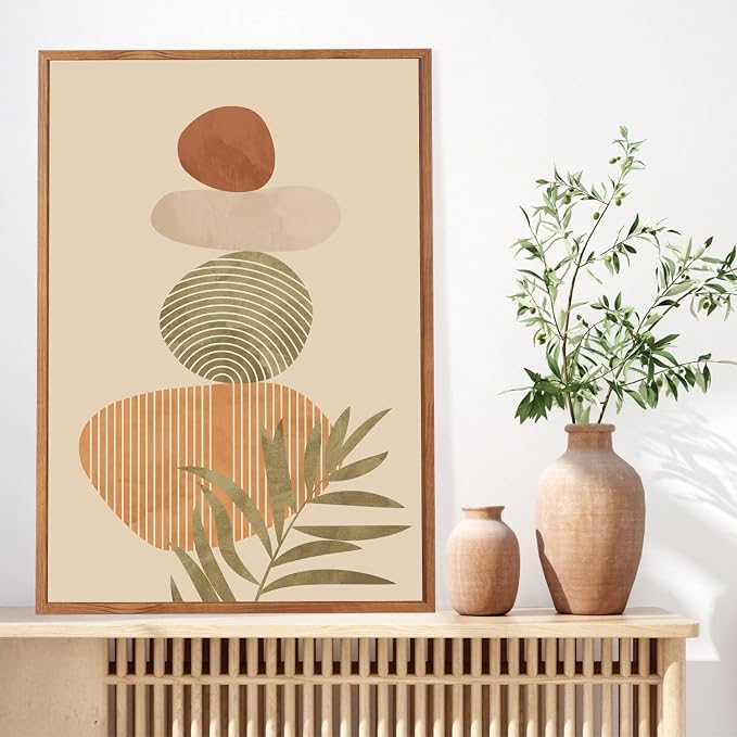 LHIUEM Boho Abstract Sage Framed Canvas Wall Art,Bohemian Neutral Wall Decor,Mid Century Beige Painting,Natural Minimalist Line Artwork for Living Room,Bedroom,Dining Room -16"x24"x3