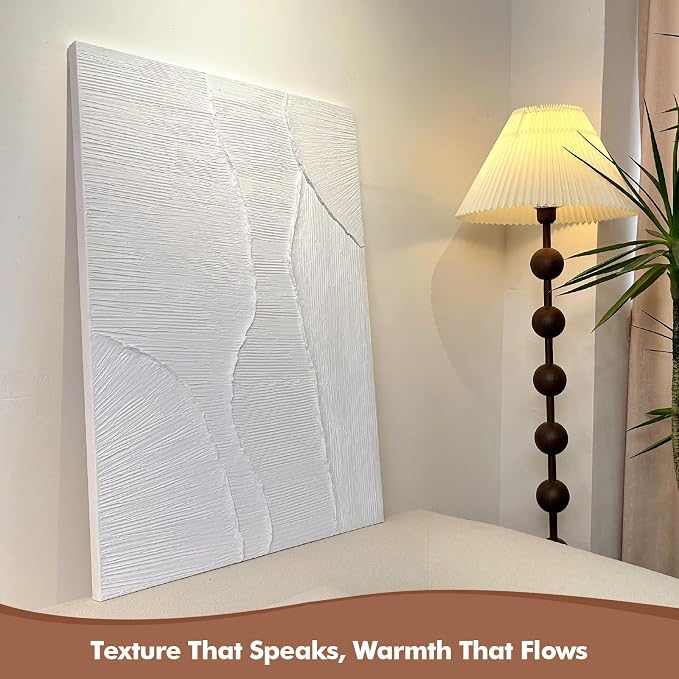 Hand-Painted Oil Painting Canvas White Wall Art, 3D Textured Wall Decor | Modern Vertical Canvas Wall Art, 24x36 in Contemporary Minimalist Handmade Artwork for Home Office Corridor Decoration, Gifts