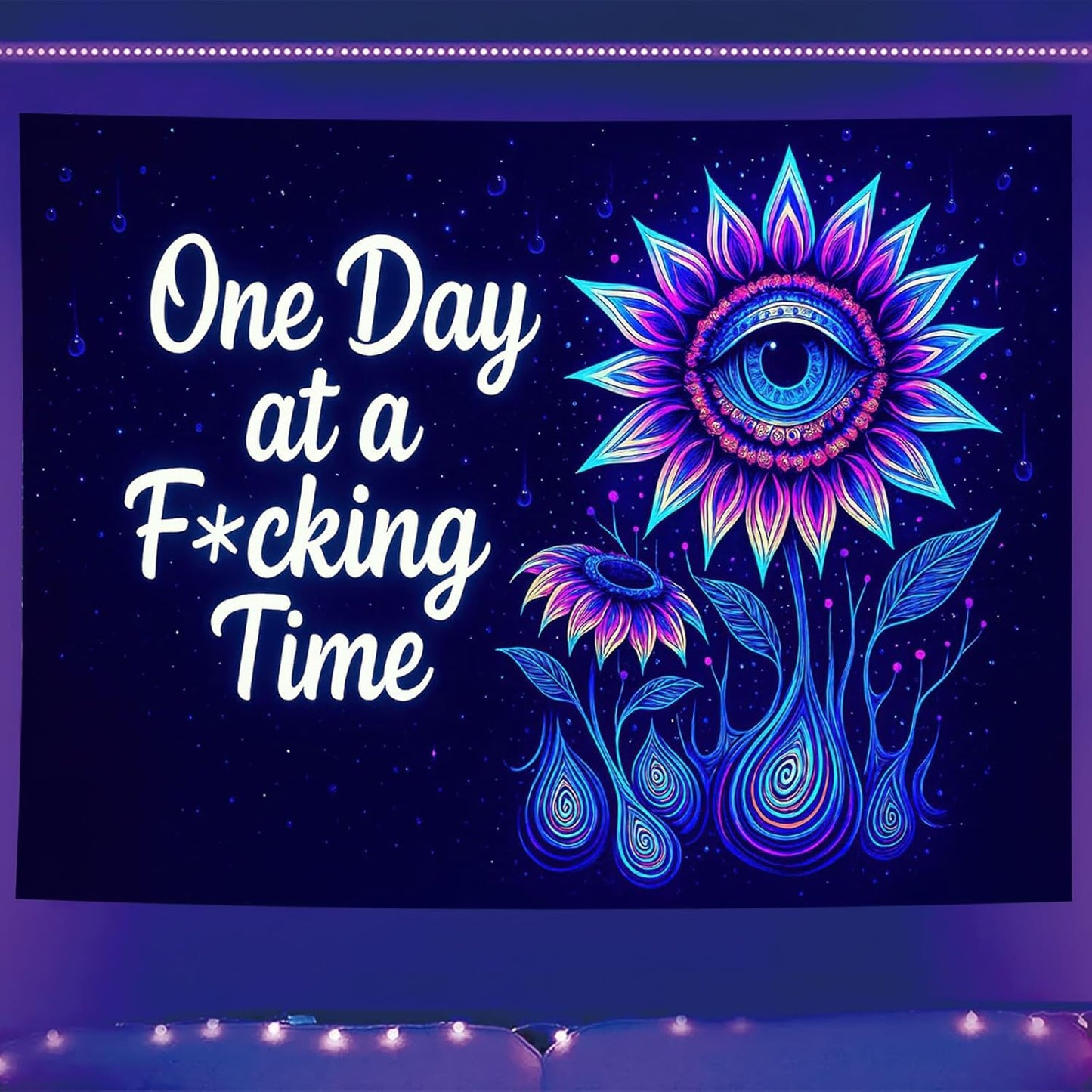Starlit Patio Blacklight Trippy Tapestry UV Reactive Psychedelic Eye Flower Wall Hanging with Quote for Bedroom Dorm Living Room Aesthetic Glowing Decor Fluorescent Poster Large 78 x 59 Inch