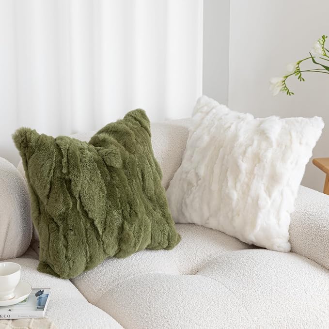 Genuine Rabbit Fur Throw Pillow Covers Set of 2,Luxury Decorative Pillowcases Soft Fluffy Animal Skin Accents Square Cushion Cover for Couch Sofa Bedroom Living Room Home,18x18 inch,Green