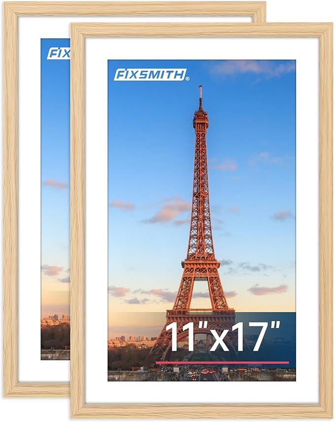 FIXSMITH 11x17 Picture Frame Natural Set of 2, Photo Frame with HD Plexiglass, Display Pictures 9x15 with Mat or 11x17 Without Mat, Natural Picture Frames Collage Wall Decor, Gallary Wall Frame