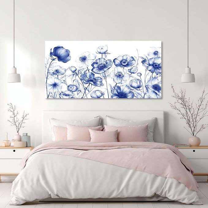 Ggaafet Navy Blue Sketch Flowers Wall Art for Bedroom Canvas Oil Painting Prints Beautiful Floral Blooming Art Deco Pretty Artwork Office Family Dining Room Decor