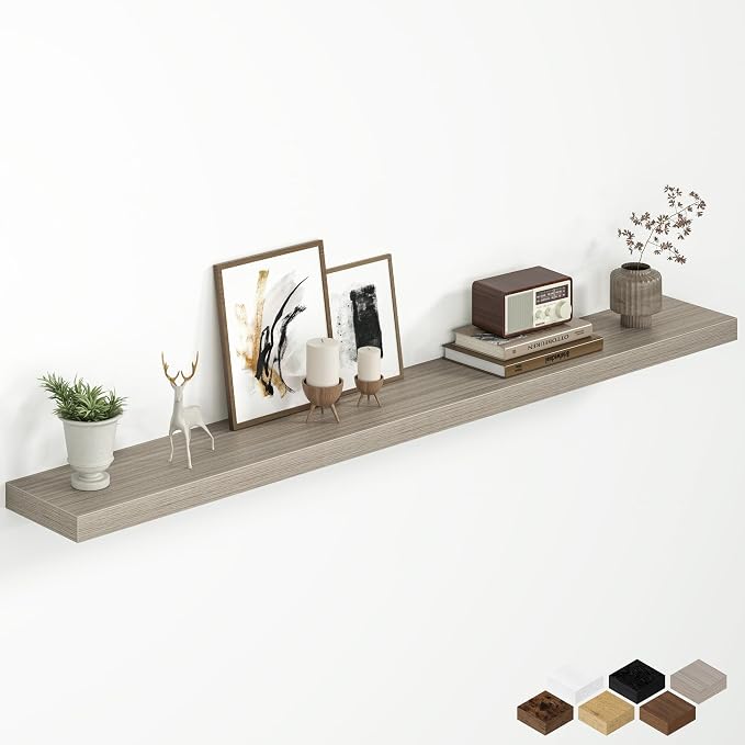 Fun Memories 60 Inch Floating Shelves for Wall, 8 Inch Deep Wall Mounted Wood Shelves with Invisible Brackets for Bathroom, Bedroom & Kitchen Storage Decor, Grey, 1 Pack