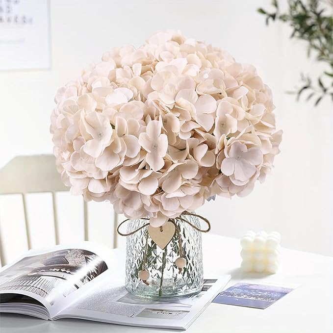 AVIVIHO 65pcs Fake Flowers Beige Hydrangea Artificial Flowers Bulk (Not Squished, No Steaming Need) Silk Flowers with Stems for Wedding Decor,Home,Baby Shower,Table Centerpieces Decoration