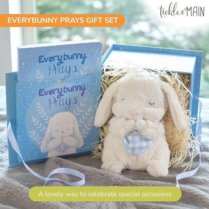 Tickle & Main Everybunny Prays Bunny Stuffed Animal & Musical Toy - Blue, 7 in Plush & Illustrated Book, Recites Now I Lay Me Down to Sleep - Baptism Gifts for Boys - Christening Gifts for Boys