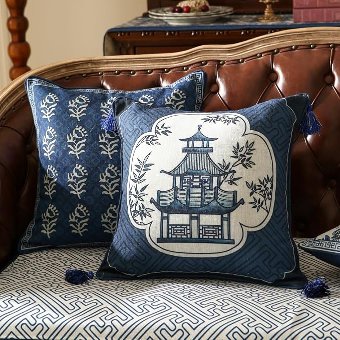 bilin gaier Designer Vintage Linen Throw Pillow Cover,18"x18"-Suqing B | Chinoiserie Elegant Square Blue Pillow Cover,Concealed Zipper Design,Sofa,Bedroom,Living Room,Dining,Lounge Chair
