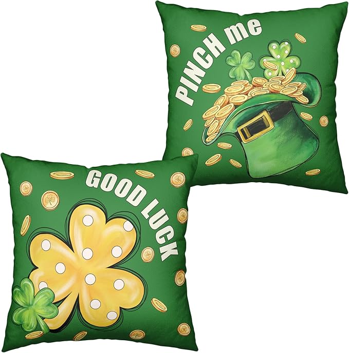 St Patricks Day Pillow Covers Green Lucky Hat Filled with Gold Coin Shamrock Throw Pillow Covers 18x18 Polka Dots Gold Clover Pillow Cases Spring March Holiday Cushion Case for Sofa 2 Pack