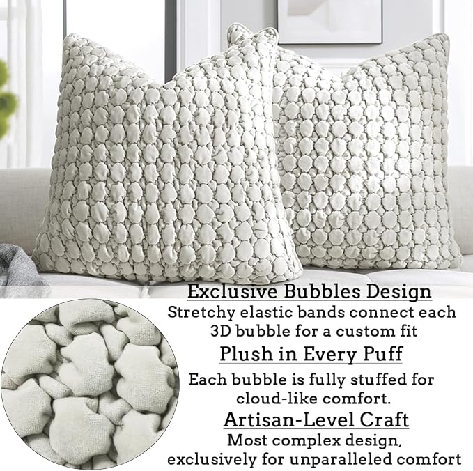 Pillow Cover 24x24 1 Piece Velvet Euro Sham Decorative Farmhouse Pillowcase Boho Square Cushion Covers Soft Bubble Texture for Couch Sofa Bed Bedroom Car Living Room，Beige Gray