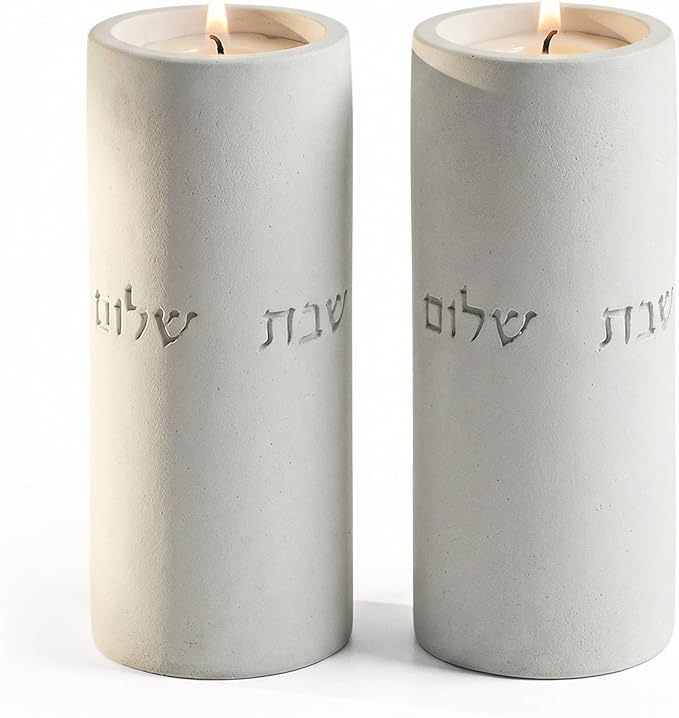 SURI Shabbat Candle Holders Set – Modern Judaica Gift and Jewish Holidays – Concrete Dripless Candle Holders, Short & Tall – Minimalist Jewish Home Decor Shabbos Candles Holders for Tea Lights