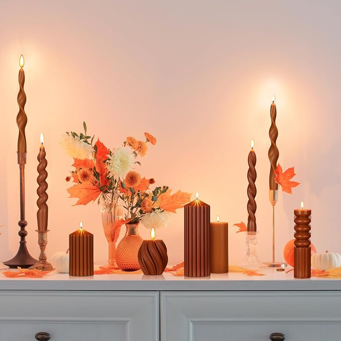 Nuanchu 9 Pcs Modern Decorative Candles Set 5 Pillar Aesthetic Ribbed Candles 4 Spiral Taper Twisted Candlesticks Scented Smokeless Soy Wax for Wedding Holiday Dinner Home Decorations(Brown)