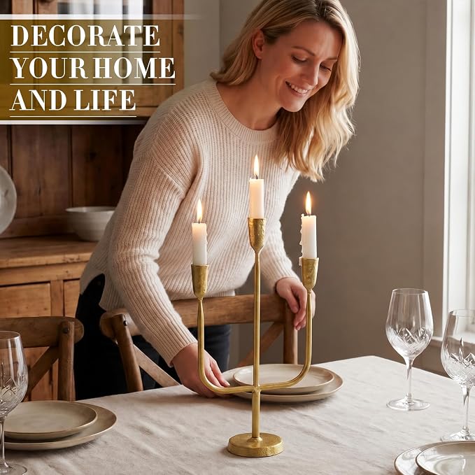 2 Pcs 16 Inch 3 Arm Metal Candelabra Cast Iron Taper Candelabra Vintage Tall Candle Holder Decorative Candlestick Holder for Wedding Antique Table Centerpiece & Mantel Decor (Gold)
