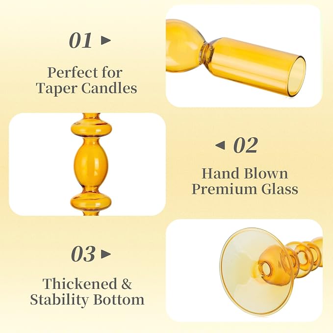 Hewory Glass Candlestick Holders: Light Amber Glass Taper Candle Holders Set of 3 Vintage Candle Stick Candle Holder, Colorful Glass Candle Holder for Table Centerpiece Wedding Dinner Party Home Decor