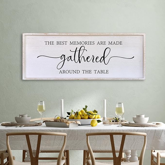 The Best Memories Are Made Gathered Around The Table Wall Decor 40"x15" Large Rustic Farmhouse Dining Room Wood Framed Modren Signs Kitchen Home Simple Hanging Wall Art (White)
