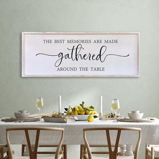 The Best Memories Are Made Gathered Around The Table Wall Decor 40"x15" Large Rustic Farmhouse Dining Room Wood Framed Modren Signs Kitchen Home Simple Hanging Wall Art (White)