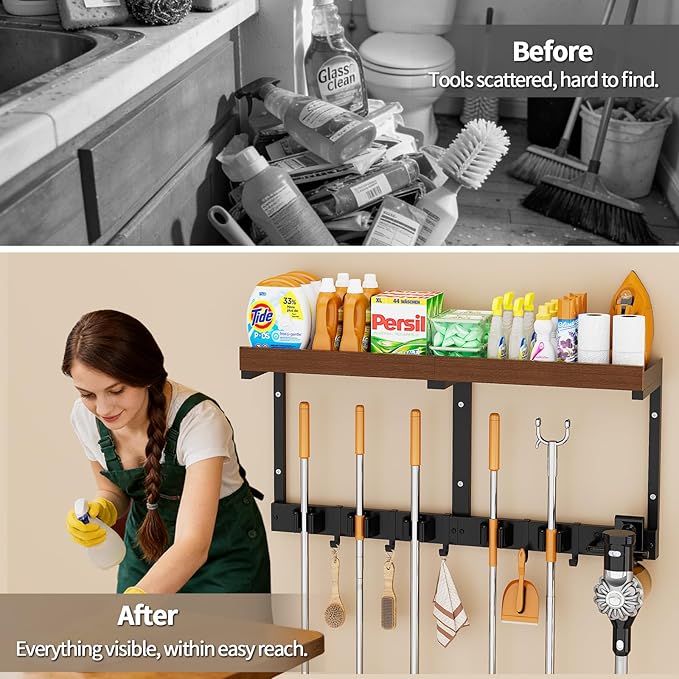 Broom Holder Wall Mount with Cleaning Supplies Organizer, Laundry Room Shelves with Mop Hanger Rack Gripper Hooks and Vacuum Organizer, Broom and Mop Organizer Wall Hanging for Home Garage Kitchen