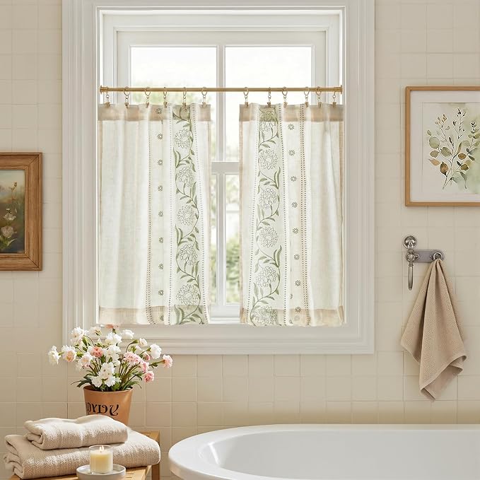 jinchan Winslow Linen Kitchen Curtains 36 Inch Length Small Window Curtains Embroidered Bordered Floral Drapes Light Filtering for Bathroom Laundry Room Farmhouse Decor Green on Beige 2 Panels