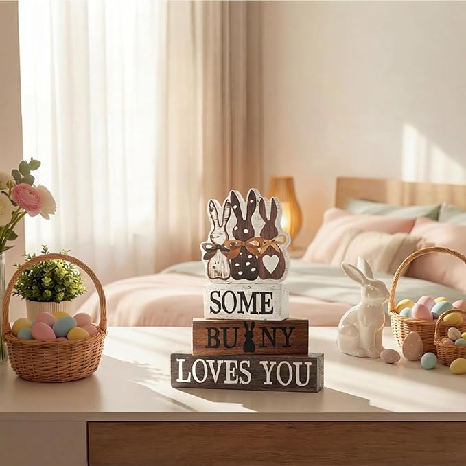 Smile Wooden Easter Decoration Sign - "Some Bunny Loves You" Wooden Block Stack Decor, 3-Tiered Rustic Blocks with Bunny Silhouette Topper for Easter & Spring Tabletop Display