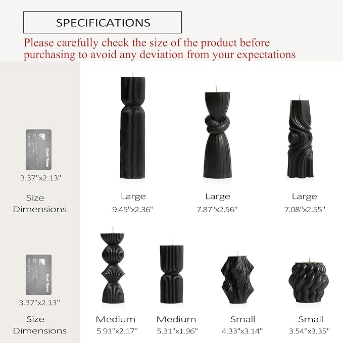 7-Pack Pillar Candles - Soy Wax Handmade Ribbed Candles for Home Decor, Housewarming Gift, Shelf & Table Decor - Aesthetic Modern Candles Set (Black)