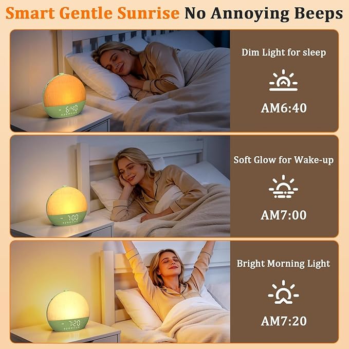 Calm & Gradual Sunrise Alarm Clock: 30‑Min Slow‑Rise Natural Wake Up Light - 20‑Level Dimmable Clock for Heavy Sleepers - Ease of Use Sunrise Simulation with 30 Sleep Sounds White Noise Machine
