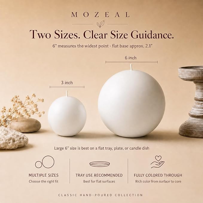 MOZEAL Hand-Poured, 6 Inch White Large Round Ball Candles - Elegant White Round Pillar Candles, Dripless, Unscented, Smokeless, Ideal for All Occasions.
