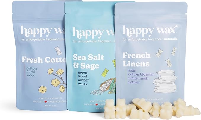 Happy Wax Clean Laundry Mix Premium Scented Natural, Non Toxic Soy Wax Melts – 6 Total Oz. of Scented Wax Melts Includes: Fresh Cotton, French Linens and Sea Salt & Sage