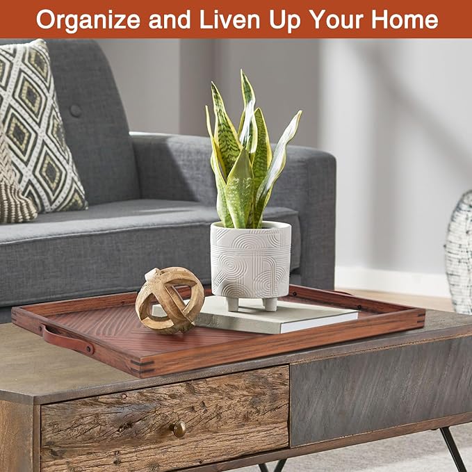 SXNOWS Wooden Serving Tray with Leather Handles, 24x16 in | Large Rectangle Wood Tray,Perfect for Ottoman Coffee Table Living Room and Kitchen, Rustic Gift for Home Decor