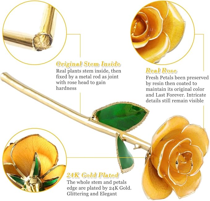 Ejoyous Gold Plated Rose, 24K Gold Dipped Real Rose Flower Lover Mom Wife Daughter Girl Friend, Present on Mother's Day, Wedding Anniversary, Birthday, Proposal, Reward (Yellow